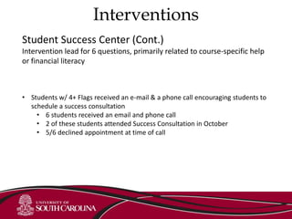 Interventions
Student Success Center (Cont.)
Intervention lead for 6 questions, primarily related to course-specific help
or financial literacy
• Students w/ 4+ Flags received an e-mail & a phone call encouraging students to
schedule a success consultation
• 6 students received an email and phone call
• 2 of these students attended Success Consultation in October
• 5/6 declined appointment at time of call
 