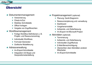 Übersicht

 Dokumentenmanagement                      Projektmanagement (optional)
     Versionierung                               Planung: Gantt-Diagramm
     Check-In/Out                                Ressourcenplanung und -verwaltung
     WebDav Schnittstelle
                                                 Dashboard
     Office-Vorlagen
                                                 Vorgehensmodelle
     Vergabe von Zugriffsrechten
                                                 Aufwands- und Zeiterfassung
 Workflowmanagement                              Im-/Export mit Microsoft Project
     Fertige Workflow Definitionen z. B.   Aktivitäten (optional)
     Projekt- und Ressourcenantrag
                                                 Terminierung
     Individuelle Workflows
                                                 Aufwands- und Zeiterfassung
     Formular-Generator                          Individueller Zugriffschutz
     Grafische Modellierung                      E-Mail-Benachrichtigung
 Adressverwaltung                                Übersichten über Aktivitäten anderer
     Im-/Export-Schnittstelle                    Mitarbeiter
     Integration mit Skype und                   Im-/Export-Schnittstelle
     Geopositionsdarstellung
 