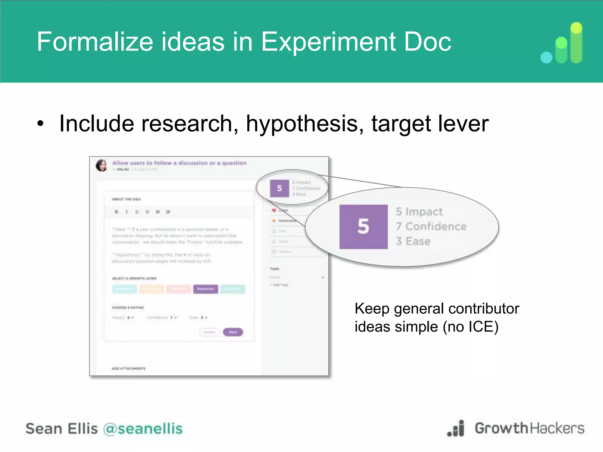 Formalize ideas in Experiment Doc
• Include research, hypothesis, target lever
Keep general contributor
ideas simple (no ICE)
 