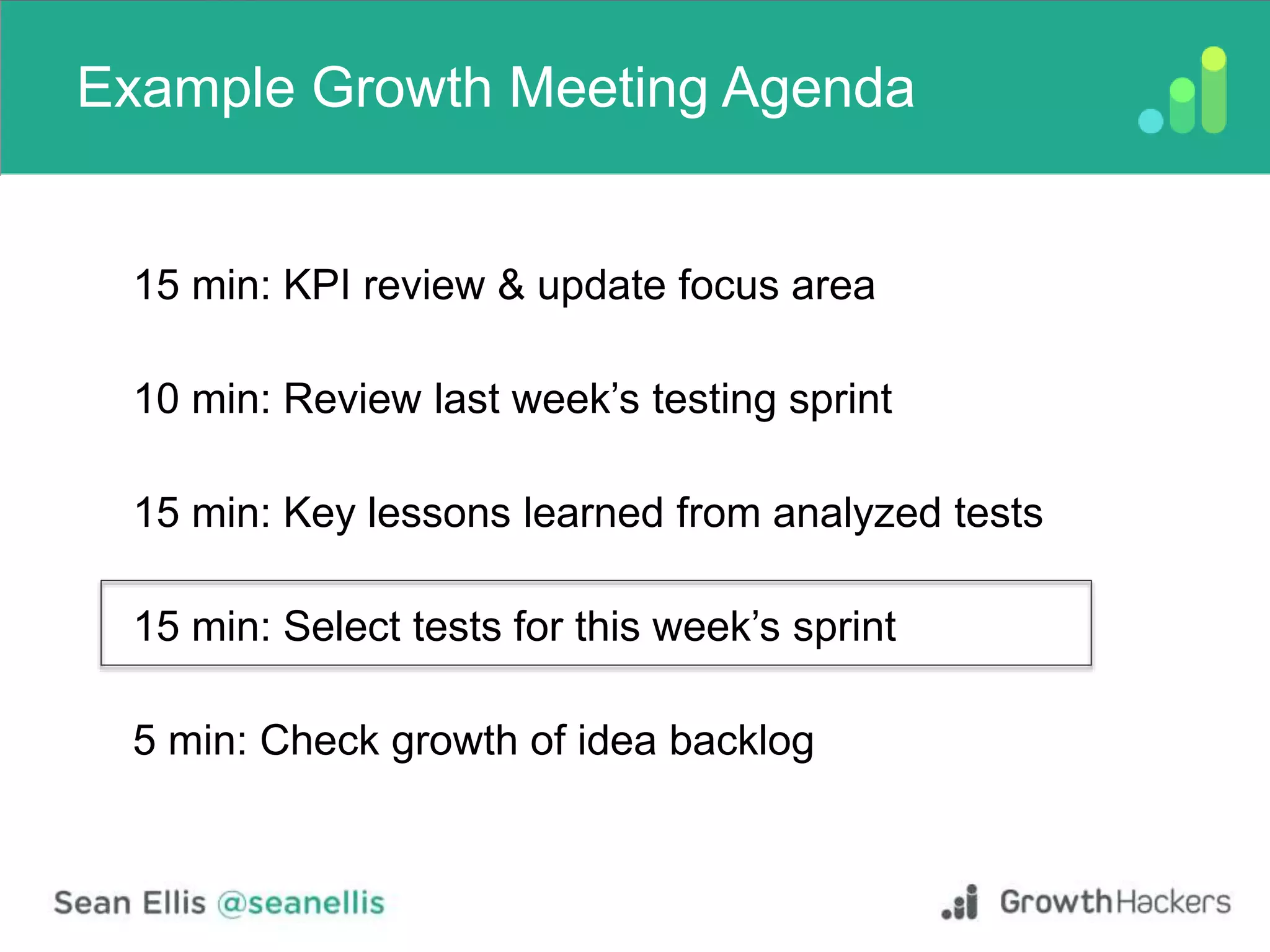 Example Growth Meeting Agenda
15 min: KPI review & update focus area
10 min: Review last week’s testing sprint
15 min: Key lessons learned from analyzed tests
15 min: Select tests for this week’s sprint
5 min: Check growth of idea backlog
 