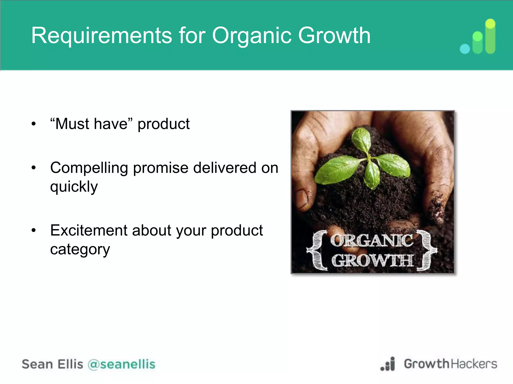 Requirements for Organic Growth
• “Must have” product
• Compelling promise delivered on
quickly
• Excitement about your product
category
 