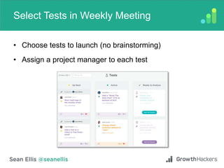 Select Tests in Weekly Meeting
• Choose tests to launch (no brainstorming)
• Assign a project manager to each test
 