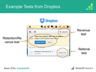 Example Tests from Dropbox
Revenue
test
Referral
test
Retention/Re
venue test
 