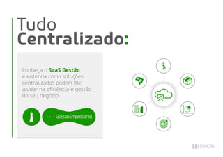 Conheça o SaaS Gestão
e entenda como soluções
centralizadas podem lhe
ajudar na eﬁciência e gestão
do seu negócio.
Tudo
Centralizado:
 