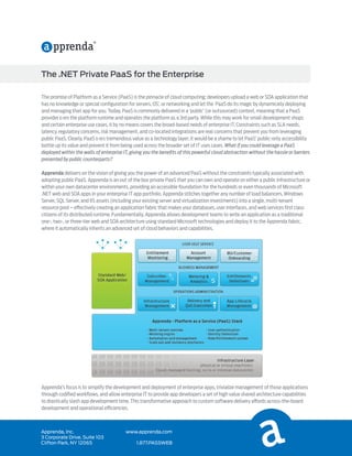The .NET Private PaaS for the Enterprise

The promise of Platform as a Service (PaaS) is the pinnacle of cloud computing: developers upload a web or SOA application that
has no knowledge or special conﬁguration for servers, OS’, or networking and let the PaaS do its magic by dynamically deploying
and managing that app for you. Today, PaaS is commonly delivered in a ‘public’ (or outsourced) context, meaning that a PaaS
provider o ers the platform runtime and operates the platform as a 3rd party. While this may work for small development shops
and certain enterprise use cases, it by no means covers the broad-based needs of enterprise IT. Constraints such as SLA needs,
latency, regulatory concerns, risk management, and co-located integrations are real concerns that prevent you from leveraging
public PaaS. Clearly, PaaS o ers tremendous value as a technology layer; it would be a shame to let PaaS’ public-only accessibility
bottle up its value and prevent it from being used across the broader set of IT uses cases. What if you could leverage a PaaS
deployed within the walls of enterprise IT, giving you the beneﬁts of this powerful cloud abstraction without the hassle or barriers
presented by public counterparts?

Apprenda delivers on the vision of giving you the power of an advanced PaaS without the constraints typically associated with
adopting public PaaS. Apprenda is an out of the box private PaaS that you can own and operate on either a public infrastructure or
within your own datacenter environments, providing an accessible foundation for the hundreds or even thousands of Microsoft
.NET web and SOA apps in your enterprise IT app portfolio. Apprenda stitches together any number of load balancers, Windows
Server, SQL Server, and IIS assets (including your existing server and virtualization investments) into a single, multi-tenant
resource pool – e ectively creating an application fabric that makes your databases, user interfaces, and web services ﬁrst class
citizens of its distributed runtime. Fundamentally, Apprenda allows development teams to write an application as a traditional
one-, two-, or three-tier web and SOA architecture using standard Microsoft technologies and deploy it to the Apprenda fabric,
where it automatically inherits an advanced set of cloud behaviors and capabilities.




Apprenda’s focus is to simplify the development and deployment of enterprise apps, trivialize management of those applications
through codiﬁed workﬂows, and allow enterprise IT to provide app developers a set of high value shared architecture capabilities
to drastically slash app development time. This transformative approach to custom software delivery a ords across-the-board
development and operational e ciencies.



Apprenda, Inc.                           www.apprenda.com
3 Corporate Drive, Suite 103
Clifton Park, NY 12065                        1.877.PASSWEB
 