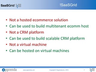 Not a hosted ecommerce solutionCan be used to build multitenant ecommhostNot a CRM platformCan be used to build scalable CRM platformNot a virtual machineCan be hosted on virtual machines!SaaSGrid
