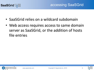 SaaSGrid relies on a wildcard subdomainWeb access requires access to same domain server as SaaSGrid, or the addition of hosts file entriesaccessing SaaSGrid