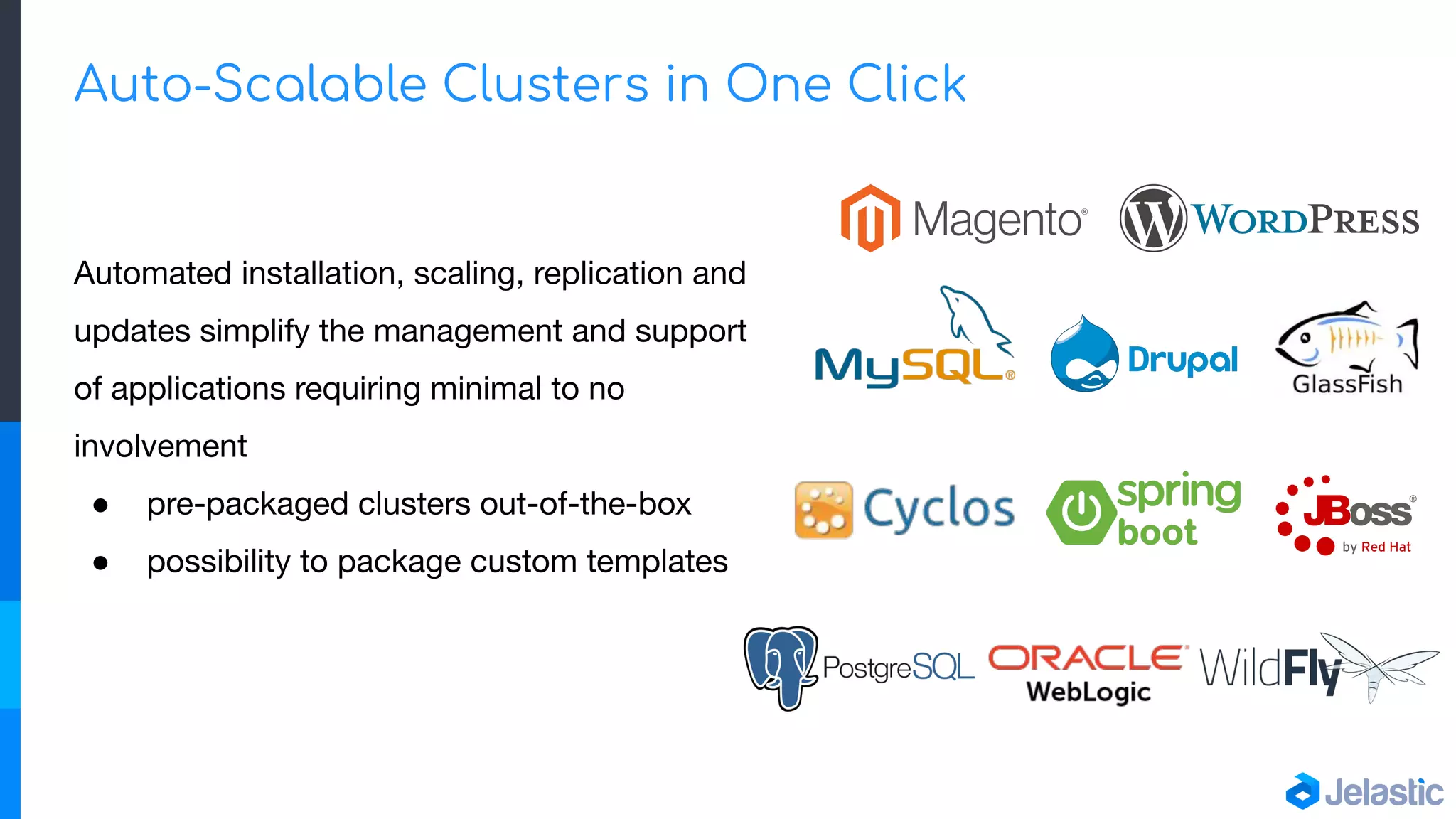 Auto-Scalable Clusters in One Click
Automated installation, scaling, replication and
updates simplify the management and support
of applications requiring minimal to no
involvement
● pre-packaged clusters out-of-the-box
● possibility to package custom templates
 