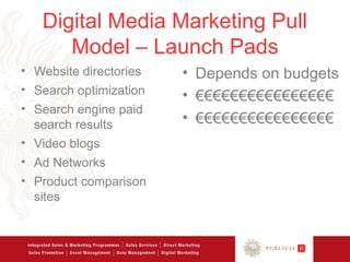 Digital Media Marketing Pull
      Model – Launch Pads
• Website directories   • Depends on budgets
• Search optimization   • €€€€€€€€€€€€€€€€
• Search engine paid
  search results        • €€€€€€€€€€€€€€€€
• Video blogs
• Ad Networks
• Product comparison
  sites
 