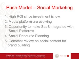 Push Model – Social Marketing
1. High ROI since investment is low
2. Media platform are evolving
3. Opportunity to make SaaS integrated with
   Social Platforms
4. Social Resource Planning
5. Constant review on social content for
  brand building
 