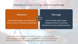 Attention
Goal: Reach people cost-effectively
(and not just via inbound marketing*)
Message
Goal: Provide value to gain
tr...