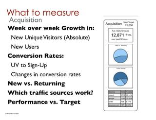 What to measure
     Acquisition
  Week over week Growth in:
       New Unique Visitors (Absolute)
       New Users
  Conversion Rates:
       UV to Sign-Up
   Changes in conversion rates
  New vs. Returning
  Which trafﬁc sources work?
  Performance vs. Target
© Mark MacLeod 2011
 