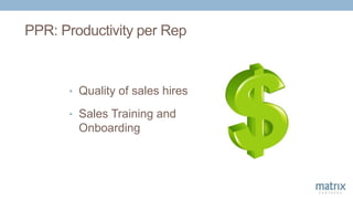 PPR: Productivity per Rep
• Quality of sales hires
• Sales Training and
Onboarding
 