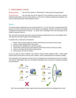 2. Problem (Database - Security)

Business problem:        How will the customer‟s „IP Protection‟ & „Data Security‟ be guaranteed?

Technical cause:        How will data security be enforced at the Architecture level? Every resource
should be locked down with the tenant details, so that even if hacked by application developers one
tenant‟s data should not be made available to others.



Solution

You cannot protect something if you do not know where it is. So, the first step in ensuring client data
security is to add a Tenant ID column to all the tables in the database. However, this alone is not going
to provide the required level of security - we cannot rely on developers who write the queries to be
mindful of security concerns.

The next level of securing client data involves preventing unauthorized access at the database level.
This requires some kind of support at the database level.

To achieve this in a SQL Server environment:

    1.   Restrict direct access to tables for tenants; administrators can be given direct access
    2.   Create a unique database ID for each tenant
    3.   Map tenant ID to database ID in a particular table
    4.   Create table valued functions which take the tenant ID and return the data as a table
    5.   Create a view that calls the table valued function
    6.   Give access to the view for tenants

If you are using an Oracle database, then Oracle‟s Virtual Private Database (VPD) / Oracle Label
Security (OLS) can be used to come up with a solution. Similar implementations are feasible in MySQL.

The advantages of this approach are that security is handled at the architecture level and is fool proof
from hackers. Additionally, there is no overhead for developers and it provides for transparent handling
of tenant details.




    Fig 2. Security relying on Tenant‟s good intent versus security enforced at database level in SaaS
 