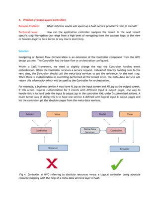 4. Problem (Tenant aware Controller)

Business Problem:      What technical assets will speed up a SaaS service provider‟s time to market?

Technical cause:         How can the application controller navigate the tenant to the next tenant
specific step? Navigation can range from a high level of navigating from the business logic to the view
or business logic to data access or any macro level step.



Solution

Navigating or Tenant Flow Orchestration is an extension of the Controller component from the MVC
design pattern. The Controller has the base flow or orchestration configured.

Within a SaaS framework, we need to slightly change the way the Controller handles event
orchestration. When the Controller receives a service request, instead of directly handing over to the
next step, the Controller should call the meta-data services to get the reference for the next step.
When there is customization or overriding performed at the tenant level, the meta-data services will
return this information which will be used by the Controller for orchestration.

For example, a business service A may have AI.jsp as the input screen and AO.jsp as the output screen.
If this action requires customization for 5 clients with different input & output pages, one way to
handle this is to hard code the input & output jsp in the controller XML under 5 customized actions. A
much better way of doing this is to have one service A defined with logical input & output pages and
let the controller get the absolute pages from the meta-data services.




 Fig 4. Controller in MVC referring to absolute resources versus a Logical controller doing absolute
resource mapping with the help of a meta-data services layer in SaaS
 