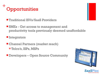 Traditional ISVs/SaaS Providers SMEs - Get access to management and productivity tools previously deemed unaffordable Integrators Channel Partners (market reach) Telco’s, ISPs, MSPs Developers – Open Source Community Opportunities 