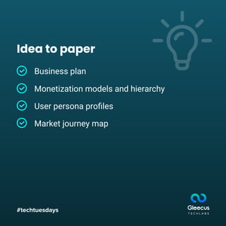 #techtuesdays
Idea to paper
Business plan
Monetization models and hierarchy
User persona proﬁles
Market journey map
 
