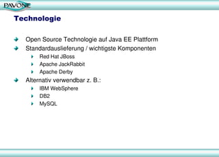 Technologie
Open Source Technologie auf Java EE Plattform
Standardauslieferung / wichtigste Komponenten
Red Hat JBoss
Apache JackRabbit
Apache Derby
Alternativ verwendbar z. B.:
IBM WebSphere
DB2
MySQL
 