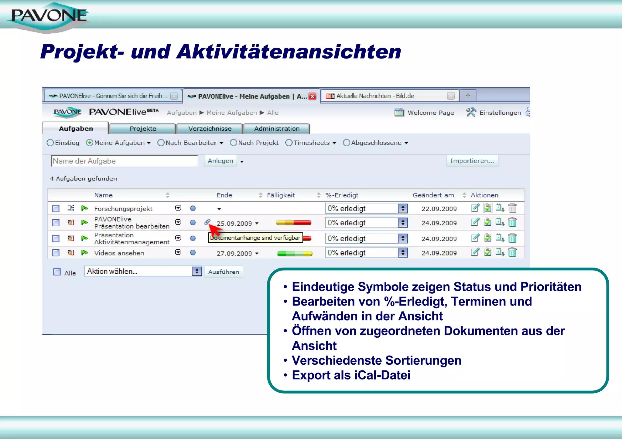 Projekt- und Aktivitätenansichten




                      • Eindeutige Symbole zeigen Status und Prioritäten
                      • Bearbeiten von %-Erledigt, Terminen und
                        Aufwänden in der Ansicht
                      • Öffnen von zugeordneten Dokumenten aus der
                        Ansicht
                      • Verschiedenste Sortierungen
                      • Export als iCal-Datei
 