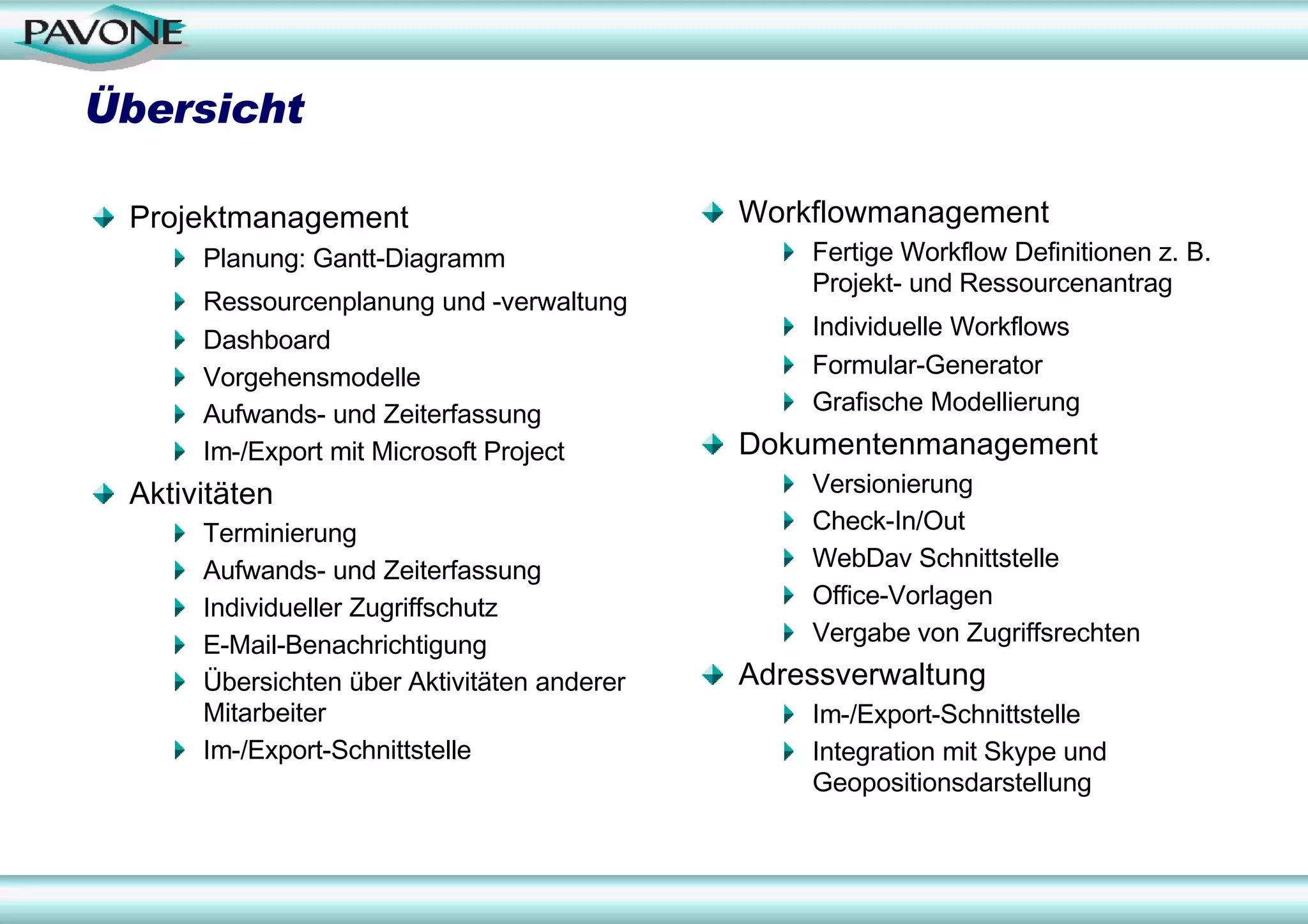 Übersicht

 Projektmanagement                           Workflowmanagement
      Planung: Gantt-Diagramm                    Fertige Workflow Definitionen z. B.
                                                 Projekt- und Ressourcenantrag
      Ressourcenplanung und -verwaltung
                                                 Individuelle Workflows
      Dashboard
      Vorgehensmodelle                           Formular-Generator
      Aufwands- und Zeiterfassung                Grafische Modellierung
      Im-/Export mit Microsoft Project       Dokumentenmanagement
 Aktivitäten                                     Versionierung
      Terminierung                               Check-In/Out
      Aufwands- und Zeiterfassung                WebDav Schnittstelle
      Individueller Zugriffschutz                Office-Vorlagen
      E-Mail-Benachrichtigung                    Vergabe von Zugriffsrechten
      Übersichten über Aktivitäten anderer   Adressverwaltung
      Mitarbeiter                                Im-/Export-Schnittstelle
      Im-/Export-Schnittstelle                   Integration mit Skype und
                                                 Geopositionsdarstellung
 