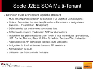 Socle J2EE SOA Multi-Tenant
●   Définition d'une architecture logicielle standard
    ●   Multi-Tenant par identification du domaine (Full Qualified Domain Name)
    ●   N-tiers : Séparation des couches (Données – Persistance – Intégration –
        Business – Présentation - Navigation)
    ●   Définition des bus de services sur chaque tiers
    ●   Définition de couches d'indirection AOP sur chaque tiers
    ●   Intégration des problématiques Multi-Tenant à tous les modules : persistance,
        JCR, Cache, Thèmes, Sécurité, I18n, Scheduler, Services Web, Indexation …
    ●   Abstraction des API techniques facilitant leurs utilisations
    ●   Intégration de librairies tierces dans une API commune
    ●   Normalisation du code
    ●   Utilisation des Standards de l'industrie
 