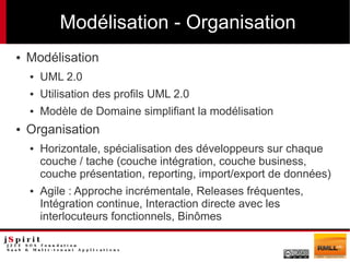 Modélisation - Organisation
●   Modélisation
    ●   UML 2.0
    ●   Utilisation des profils UML 2.0
    ●   Modèle de Domaine simplifiant la modélisation
●   Organisation
    ●   Horizontale, spécialisation des développeurs sur chaque
        couche / tache (couche intégration, couche business,
        couche présentation, reporting, import/export de données)
    ●   Agile : Approche incrémentale, Releases fréquentes,
        Intégration continue, Interaction directe avec les
        interlocuteurs fonctionnels, Binômes
 