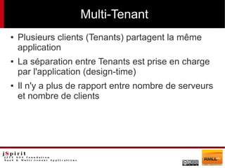 Multi-Tenant
●   Plusieurs clients (Tenants) partagent la même
    application
●   La séparation entre Tenants est prise en charge
    par l'application (design-time)
●   Il n'y a plus de rapport entre nombre de serveurs
    et nombre de clients
 