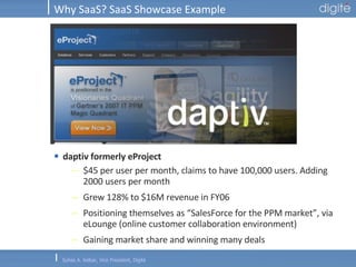 Why SaaS? SaaS Showcase Example daptiv formerly eProject  $45 per user per month, claims to have 100,000 users. Adding 2000 users per month Grew 128% to $16M revenue in FY06 Positioning themselves as “SalesForce for the PPM market”, via eLounge (online customer collaboration environment) Gaining market share and winning many deals 