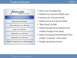 SaaS and beyond SaaS is just the beginning Platform As A Service (FORCE.com) Hardware As A Service (HaaS) Infrastructure As A Service (IaaS) “ Blue Cloud” by IBM Simple Storage Service (Amazon S3) enables storage in the cloud,  Elastic Computing Cloud (Amazon EC2) enables "compute" in the cloud. Google computing services 