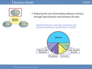 Business Model Reducing the cost of providing software services, through specialization and economy of scale.  SaaS Hardware costs get shared by all tenants resulting in economies of scale 