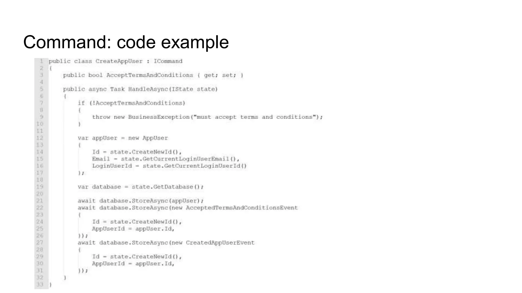 Command: code example
 