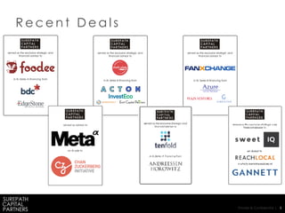 Private & Confidential |
in its Series B financing from
served as the exclusive strategic and
financial advisor to
5
R e c e n t D e a l s
in its Series B financing from
served as the exclusive strategic and
financial advisor to
in its Series A financing from
served as the exclusive strategic and
financial advisor to
on its sale to
served as the exclusive strategic and
financial advisor toserved as advisor to
 
