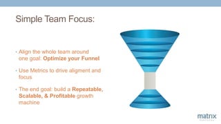Simple Team Focus:
• Align the whole team around
one goal: Optimize your Funnel
• Use Metrics to drive aligment and
focus
...