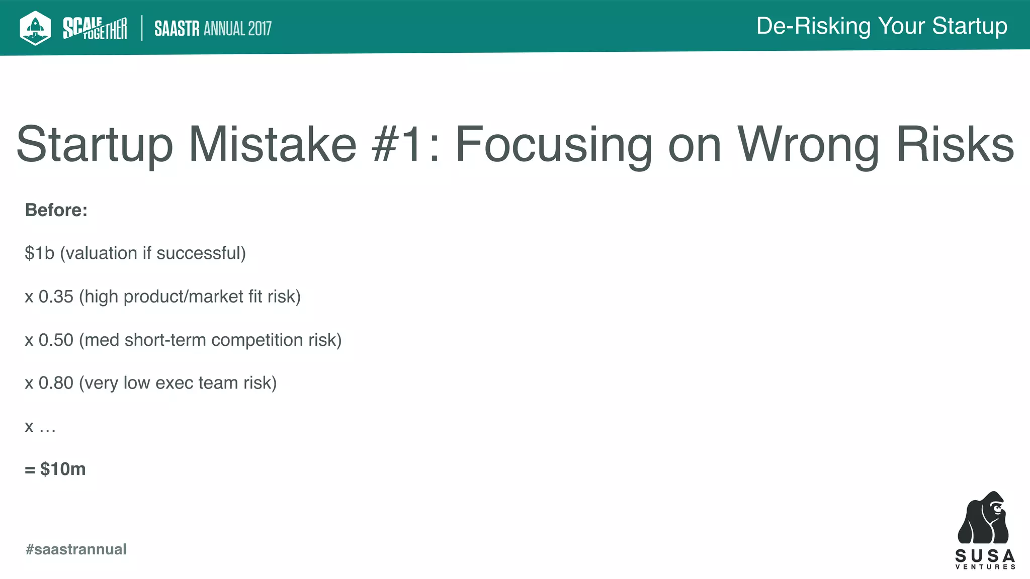 De-Risking Your Startup
#saastrannual
Startup Mistake #1: Focusing on Wrong Risks
Before:
$1b (valuation if successful)
x 0.35 (high product/market ﬁt risk)
x 0.50 (med short-term competition risk)
x 0.80 (very low exec team risk)
x …
= $10m
 