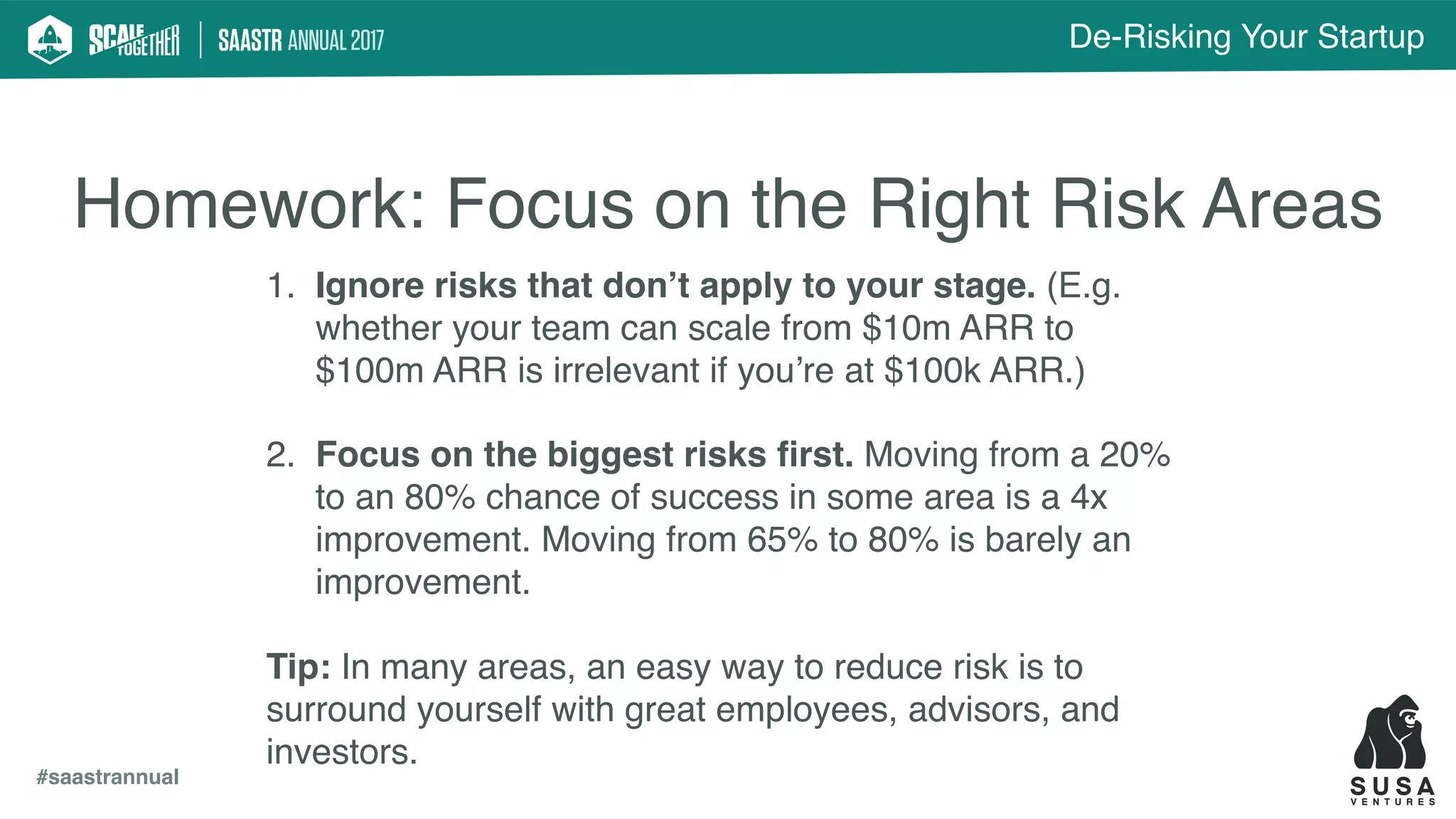 De-Risking Your Startup
#saastrannual
Homework: Focus on the Right Risk Areas
1. Ignore risks that don’t apply to your stage. (E.g.
whether your team can scale from $10m ARR to
$100m ARR is irrelevant if you’re at $100k ARR.)
2. Focus on the biggest risks ﬁrst. Moving from a 20%
to an 80% chance of success in some area is a 4x
improvement. Moving from 65% to 80% is barely an
improvement.
Tip: In many areas, an easy way to reduce risk is to
surround yourself with great employees, advisors, and
investors.
 