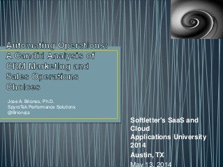 Jose A. Briones, Ph.D.
SpyroTek Performance Solutions
@Brioneja
Softletter's SaaS and
Cloud
Applications University
2014
Austin, TX
May 13, 2014
 