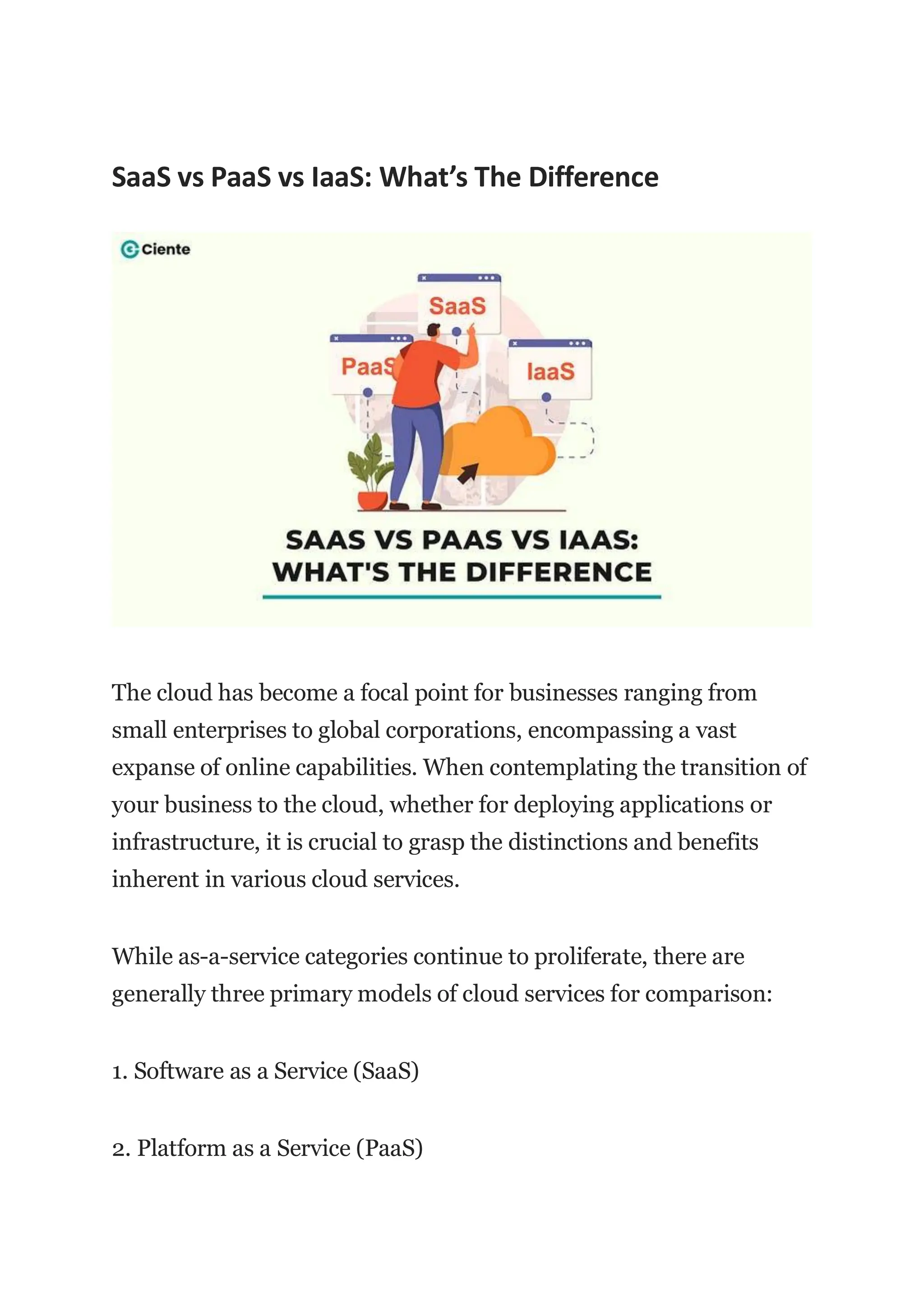SaaS vs PaaS vs IaaS: What’s The Difference
The cloud has become a focal point for businesses ranging from
small enterprises to global corporations, encompassing a vast
expanse of online capabilities. When contemplating the transition of
your business to the cloud, whether for deploying applications or
infrastructure, it is crucial to grasp the distinctions and benefits
inherent in various cloud services.
While as-a-service categories continue to proliferate, there are
generally three primary models of cloud services for comparison:
1. Software as a Service (SaaS)
2. Platform as a Service (PaaS)
 