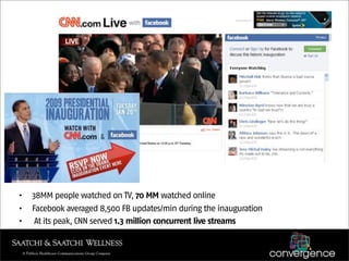 •   38MM people watched on TV, 70 MM watched online
•   Facebook averaged 8,500 FB updates/min during the inauguration
•    At its peak, CNN served 1.3 million concurrent live streams 
 