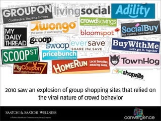 2010 saw an explosion of group shopping sites that relied on
            the viral nature of crowd behavior
 