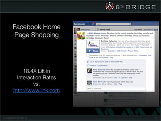 Facebook Home
            Page Shopping




                  18.4X Lift in
               Interaction Rates
                      vs.
             http://www.link.com



Copyright© 2010 8th Bridge, Inc.   73
 