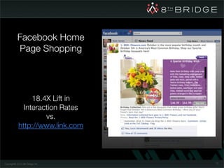 Facebook Home
            Page Shopping




                  18.4X Lift in
               Interaction Rates
                      vs.
             http://www.link.com



Copyright© 2010 8th Bridge, Inc.   73
 