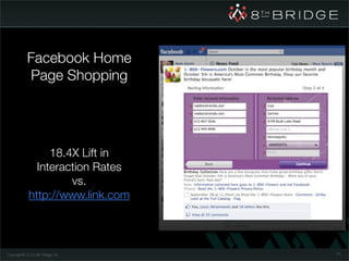 Facebook Home
            Page Shopping




                  18.4X Lift in
               Interaction Rates
                      vs.
             http://www.link.com



Copyright© 2010 8th Bridge, Inc.   73
 