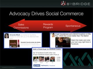 Advocacy Drives Social Commerce

                             Sales                                            Rewards
                                                                                        Spontaneous
                          Commissions                                         Program

                 Amanda Modi just shared her favorite lip
                 shades for winter with you in the attached Mark
                 store.

                                   Amanda’s favorite winter lip shades:
                                   20% off exclusive discount here in this
                                   news feed store for my Facebook friends.




Copyright© 2010 8th Bridge, Inc.                                                                      81
 