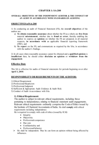 CHAPTER 1: SA-200
OVERALL OBJECTIVES OF THE INDEPENDENT AUDITOR & THE CONDUCT OF
AN AUDIT IN ACCORDANCE WITH STANDARDS ON AUDITING
OBJECTIVESofSA-200
1) In conducting an audit of Financial Statement (FS), the overall objectives of the
auditor are:
a) To obtain reasonable assurance about whether the FS as a whole are free from
material misstatement, whether due to fraud or error, thereby enabling the
auditor to express an opinion on whether the FS are prepared, in all material
respects, in accordance with an applicable financial reporting framework
(FRF); and
b) To report on the FS, and communicate as required by the SAs, in accordance
with the auditor’s findings.
2) In all cases when reasonable assurance cannot be obtained and a qualified opinion is
insufficient then, he should either disclaim an opinion or withdraw from the
engagement.
Effective Date
This SA is effective for audits of financial statements for periods beginning on or after
April 1, 2010.
RESPONSIBILITYOR REQUIREMENTS OF THE AUDITOR:
1) Ethical Requirement
2) Professional Skepticism
3) Professional Judgment
4) Sufficient & Appropriate Audit Evidence & Audit Risk
5) Conduct of Audit in accordance with SAs.
1) Ethical Requirement:
The auditor is subject to relevant ethical requirements, including those
pertaining to independence, relating to financial statement audit engagements.
Relevant ethical requirements ordinarily comprise the Codeof Ethics issued by
the Institute of Chartered Accountants of India. He shall comply with ethical
requirements including independence.
He is required to comply with code of ethics (issued by ICAI)
 Integrity
 Objectivity
 Professional competence
 Due care
 Confidentiality and
 Professional behavior.
 He shall be independent. Thus he can form an opinion without being affected by
influences.
 