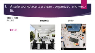 1. A safe workplace is a clean , organized and well-
lit.
TRUE OR
FALSE EFFECT
TRUE
EVIDENCE
 