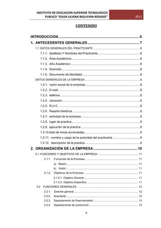 INSTITUTO DE EDUCACION SUPERIOR TECNOLOGICO
           PUBLICO “GILDA LILIANA BALLIVIAN ROSADO”                                                                         2012

                                                  CONTENIDO

INTRODUCCION ................................................................................... 6
1. ANTECEDENTES GENERALES ..................................................... 7
    1.1. DATOS GENERALES DEL PRACTICANTE ...............................................................8
        1.1.1. Apellidos Y Nombres del Practicante .................................................. 8
        1.1.2. Área Académica ................................................................................. 8
        1.1.3. Año Académico .................................................................................. 8
        1.1.4. Domicilio ............................................................................................. 8
        1.1.5. Documento de Identidad ..................................................................... 8
    DATOS GENERALES DE LA EMPRESA ..........................................................................8
         1.2.1. razón social de la empresa ................................................................. 8
        1.2.2. E-mail ................................................................................................. 8
        1.2.3. teléfono .............................................................................................. 8
        1.2.4. ubicación ............................................................................................ 8
        1.2.5. R.U.C. ................................................................................................ 8
        1.2.6. Reseña Histórica ................................................................................ 9
        1.2.7. actividad de la empresa ...................................................................... 9
        1.2.8. lugar de practica ................................................................................. 9
        1.2.9. ejecución de la practica ...................................................................... 9
        1.2.10.total de horas acumuladas .................................................................. 9
        1.2.11. nombre y cargo de la autoridad del practicante ................................ 9
        1.2.12. descripción de la practica ................................................................. 9
2. ORGANIZACIÓN DE LA EMPRESA ............................................. 10
    2.1. FUNCIONES Y OBJETIVOS DE LA EMPRESA ...................................................... 11
            2.1.1.     Funciones de la Empresa ....................................................................... 11
                      a) Misión ............................................................................................... 11
                      b) Visión ................................................................................................ 11
            2.1.2.     Objetivos de la Empresa ......................................................................... 11
                      2.1.2.1. Objetivo General ........................................................................ 11
                      2.1.2.2. Objetivo Especifico .................................................................... 11
     2.2. FUNCIONES GENERALES .................................................................................. 12
            2.2.1.     Gerente general ...................................................................................... 12
            2.2.2.     Arquitecto ................................................................................................ 12
            2.2.3.     Departamento de financiamiento ............................................................ 13
            2.2.4.     Departamento de producción .................................................................. 13

                                                              4
 