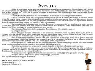 AvestruzO filho de uma grande amiga pediu, de presente pelos seus dez anos, uma avestruz. Cismou, fazer o quê? Moram
em um apartamento em Higienópolis, São Paulo. E ela me mandou um e-mail dizendo que a culpa era minha. Sim, porque foi
aqui ao lado de casa, em Floripa, que o menino conheceu as avestruzes. Tem uma plantação, digo, criação deles. Aquilo
impressionou o garoto.
Culpado, fui até o local saber se eles vendiam filhotes de avestruzes. E se entregavam em domicílio.
E fiquei a observar a ave. Se é que podemos chamar aquilo de ave. A avestruz foi um erro da natureza, minha
amiga. Na hora de criar a avestruz, deus devia estar muito cansado e cometeu alguns erros. Deve ter criado primeiro o corpo,
que se assemelha, em tamanho, a um boi. Sabe quanto pesa uma avestruz? Entre 100 e 160 quilos, fui logo avisando a minha
amiga. E a altura pode chegar a quase três metros. 2,7 para ser mais exato.
Mas eu estava falando da sua criação por deus. Colocou um pescoço que não tem absolutamente nada a ver com
o corpo. Não devia mais ter estoque de asas no paraíso, então colocou asas atrofiadas. Talvez até sabiamente para evitar que
saíssem voando em bandos por aí assustando as demais aves normais.
Outra coisa que faltou foram dedos para os pés. Colocou apenas dois dedos em cada pé.
Sacanagem, Senhor!
Depois olhou para sua obra e não sabia se era uma ave ou um camelo. Tanto é que logo depois, Adão, dando os
nomes a tudo que via pela frente, olhou para aquele ser meio abominável e disse: Struthio camelus australis. Que é o nome
oficial da coisa. Acho que o struthio deve ser aquele pescoço fino em forma de salsicha.
Pois um animal daquele tamanho deveria botar ovos proporcionais ao seu corpo. Outro erro. É grande, mas nem
tanto. E me explicava o criador que elas vivem até os setenta anos e se reproduzem plenamente até os quarenta, entrando
depois na menopausa, não têm, portanto, TPM. Uma avestruz com TPM é perigosíssima!
Podem gerar de dez a trinta crias por ano, expliquei ao garoto, filho da minha amiga. Pois ele ficou mais animado
ainda, imaginando aquele bando de avestruzes correndo pela sala do apartamento.
Ele insiste, quer que eu leve uma avestruz para ele de avião, no domingo. Não sabia mais o que fazer.
Foi quando descobri que elas comem o que encontram pela frente, inclusive pedaços de ferro e madeiras.
Joguinhos eletrônicos, por exemplo. máquina digital de fotografia, times inteiros de futebol de botão e, principalmente, chuteiras.
E, se descuidar, um mouse de vez em quando cai bem.
Parece que convenci o garoto. Me telefonou e disse que troca o avestruz por cinco gaivotas e um urubu.
Pedi para a minha amiga levar o garoto num psicólogo. Afinal, tenho
mais o que fazer do que ser gigolô de avestruz.
PRATA, Mário. Avestruz. 5ª série/ 6º ano vol. 2
Caderno aluno p. 9
Caderno do Professor p. 18
 