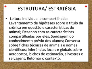ESTRUTURA/ ESTRATÉGIA
• Leitura individual e compartilhada;
Levantamento de hipóteses sobre o título da
crônica em questão e características do
animal; Desenho com as características
compartilhadas por eles; Sondagem do
conhecimento prévio dos alunos; Conversa
sobre fichas técnicas de animais e nomes
científicos; Inferências locais e globais sobre
aeroportos, bichos de estimação, silvestres e
selvagens. Retomar o contexto.
 