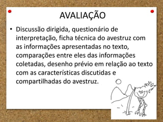 AVALIAÇÃO
• Discussão dirigida, questionário de
interpretação, ficha técnica do avestruz com
as informações apresentadas no texto,
comparações entre eles das informações
coletadas, desenho prévio em relação ao texto
com as características discutidas e
compartilhadas do avestruz.
 