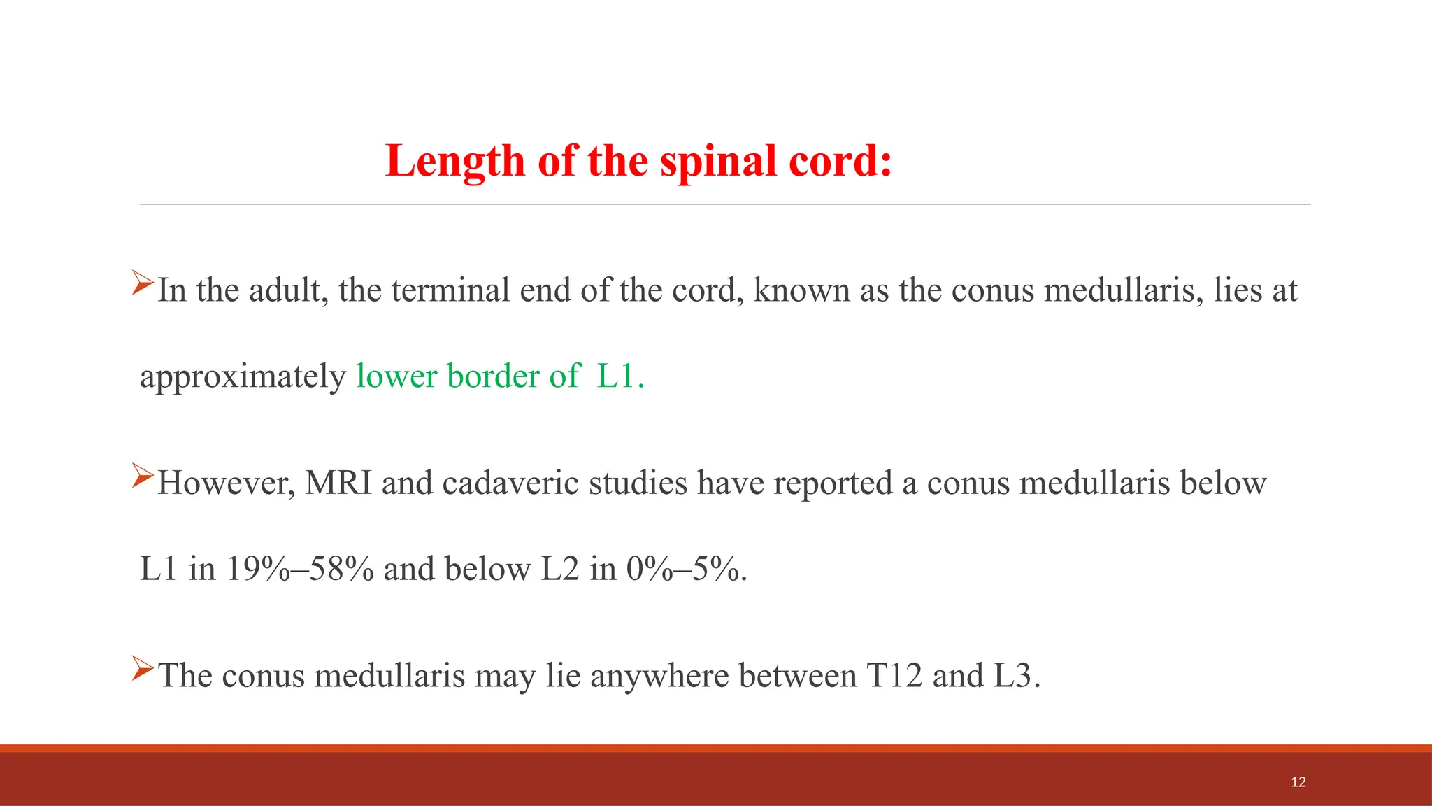 12
Length of the spinal cord:
In the adult, the terminal end of the cord, known as the conus medullaris, lies at
approximately lower border of L1.
However, MRI and cadaveric studies have reported a conus medullaris below
L1 in 19%–58% and below L2 in 0%–5%.
The conus medullaris may lie anywhere between T12 and L3.
 